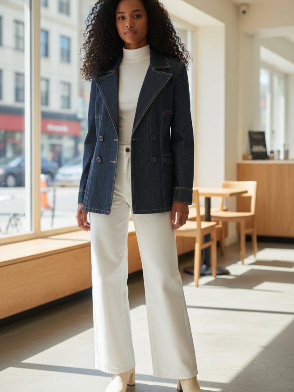 MODA-Denim Double-Breasted Lined Jacket (M)